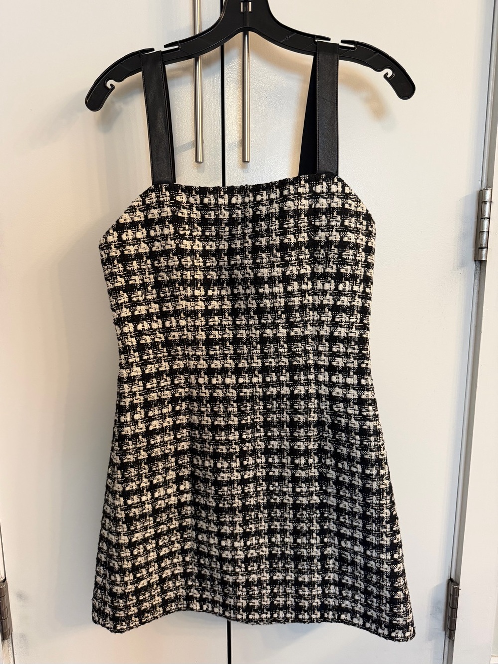 Alice + Olivia Black and White Tweed A-Line Dress with Faux Leather Straps